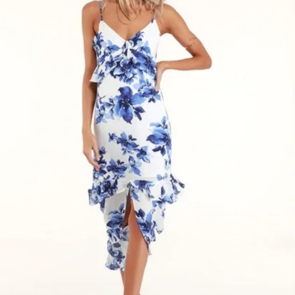 Lulu's Blue Floral High-Low Slip Dress on White